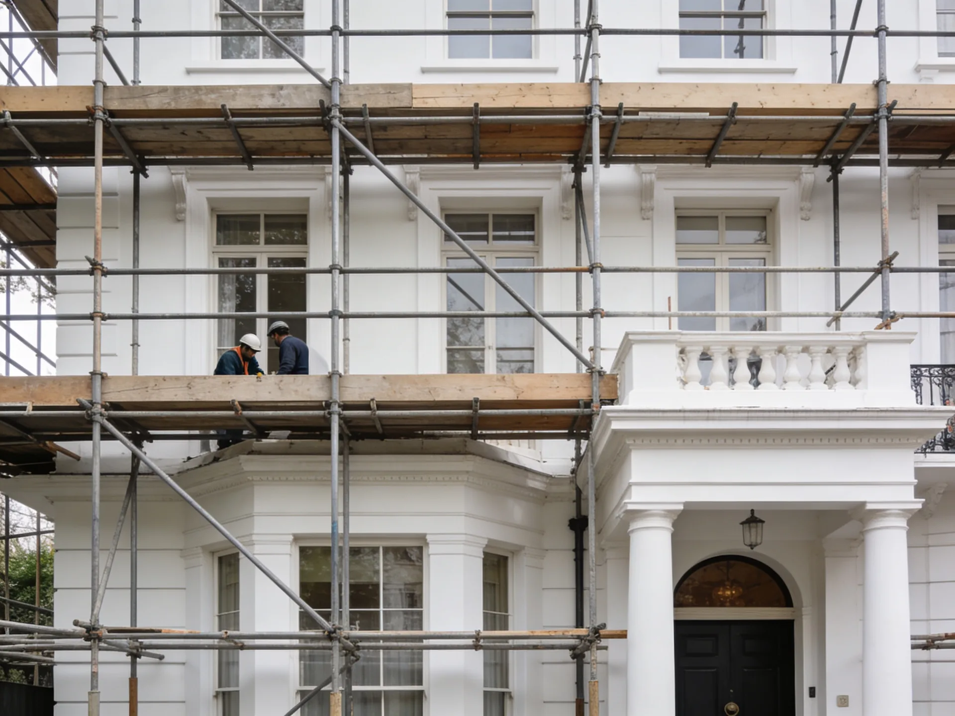 External works — scaffolding on stucco London townhouse